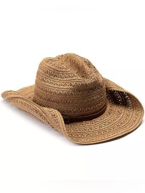 Vince Camuto Open Weave Cowgirl Hat Adjustable Straw Paper Tan